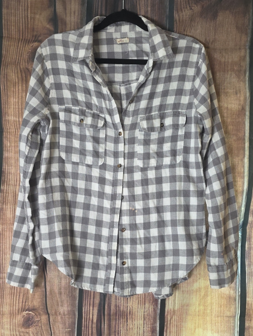 Hollister Small Gray & White Checkered Button-Down Shirt